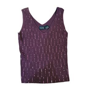 Hillard & Hanson Purple Sequin Ribbed Knit Tank Top Women’s Large Glittery Y2K
